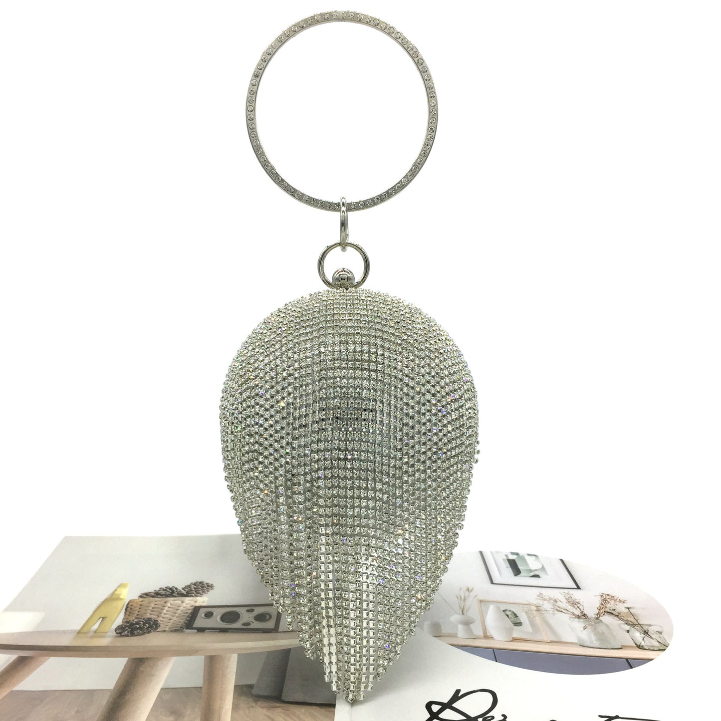 Round Dinner Bag With Diamond Stickers, Spherical Tassel Bag