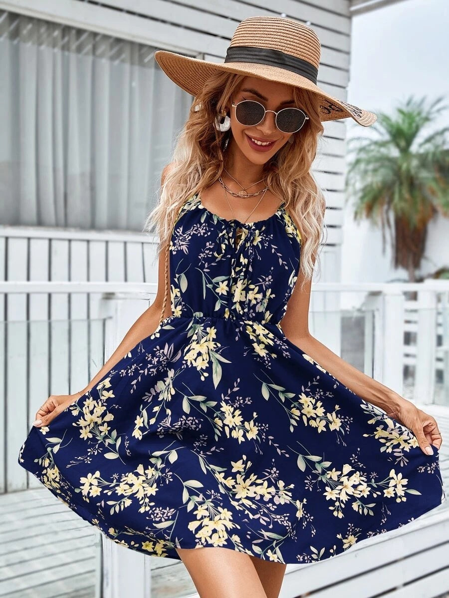 Floral Print Suspender Dress With Elastic Waist