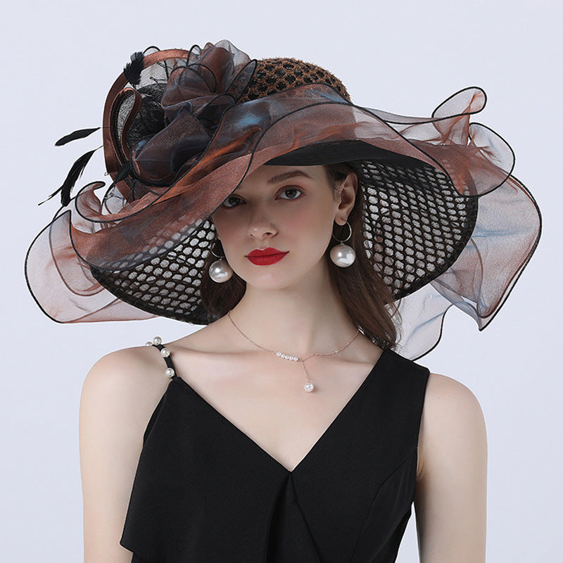 European And American Style Women's Sunshade Adult Hatband Mesh Flower Decoration Broad-brimmed Hat