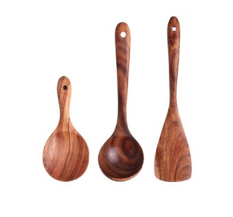 1-7Pcs Set Natural Wood Teak Tableware Spoon Colander Special Spoon Nano Soup Skimmer Wooden Cooking Spoon Kitchen Tool Kit - Lavish Klass