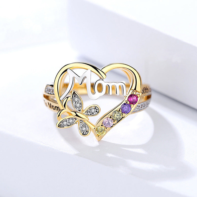 Mother's Day Gift Hollow Heart English Letter Love Mom Rhinestone Butterfly Finger Ring Jewelry Gift