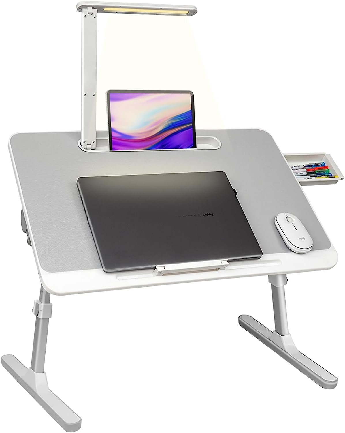 Schoßschreibtisch für Laptop, tragbarer Betttisch, Laptop-Schreibtisch mit LED-Licht und Schublade, verstellbarer Laptop-Ständer für Bett, Sofa, Arbeitszimmer, Lesen