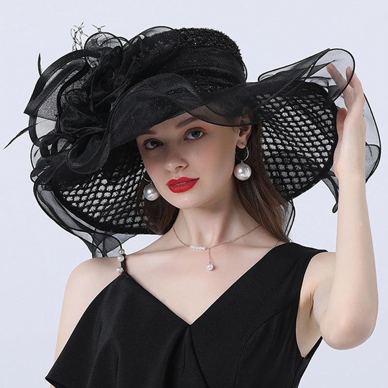 European And American Style Women's Sunshade Adult Hatband Mesh Flower Decoration Broad-brimmed Hat