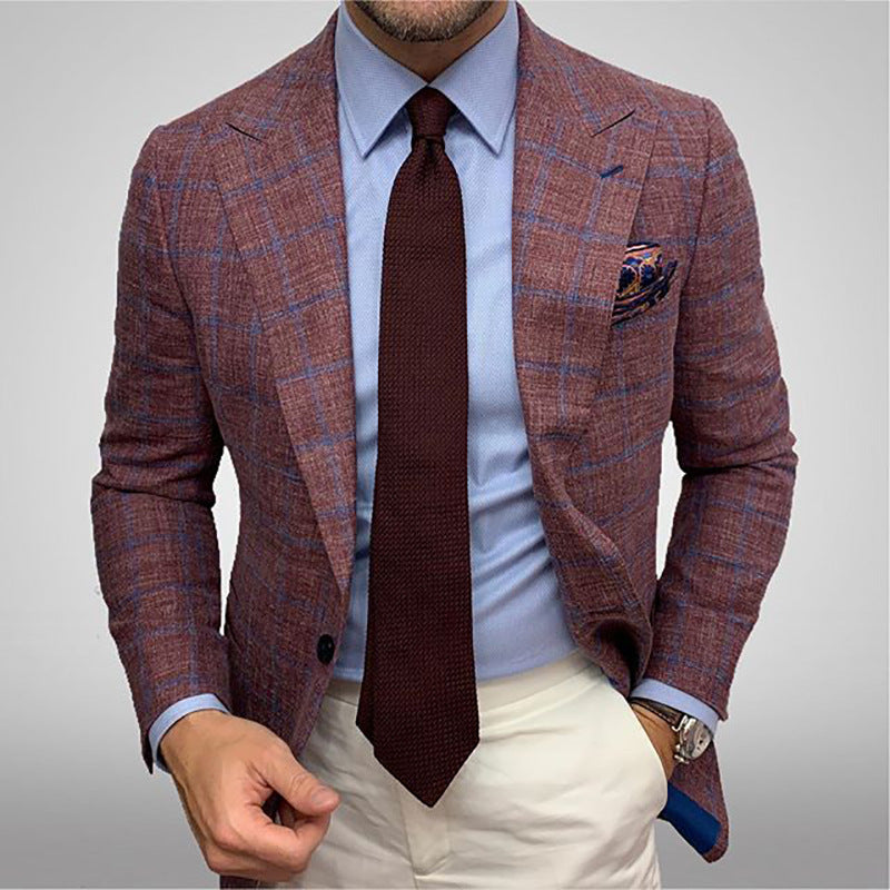 New Men's Plaid Lapel Long Sleeve Suit Coat