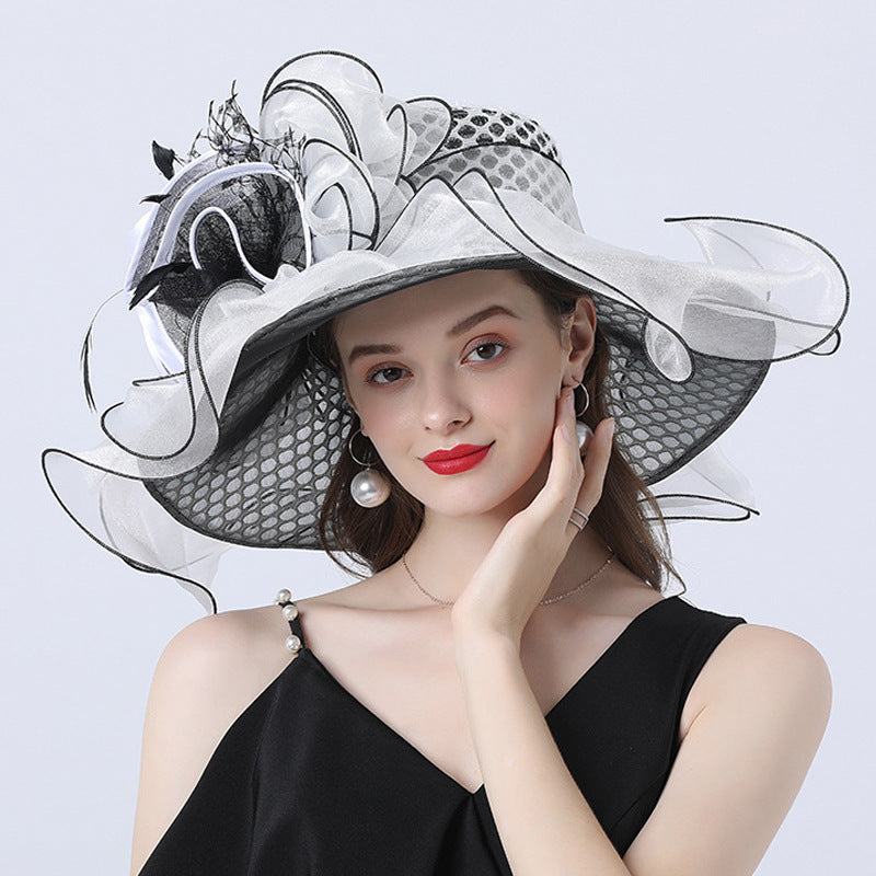 European And American Style Women's Sunshade Adult Hatband Mesh Flower Decoration Broad-brimmed Hat