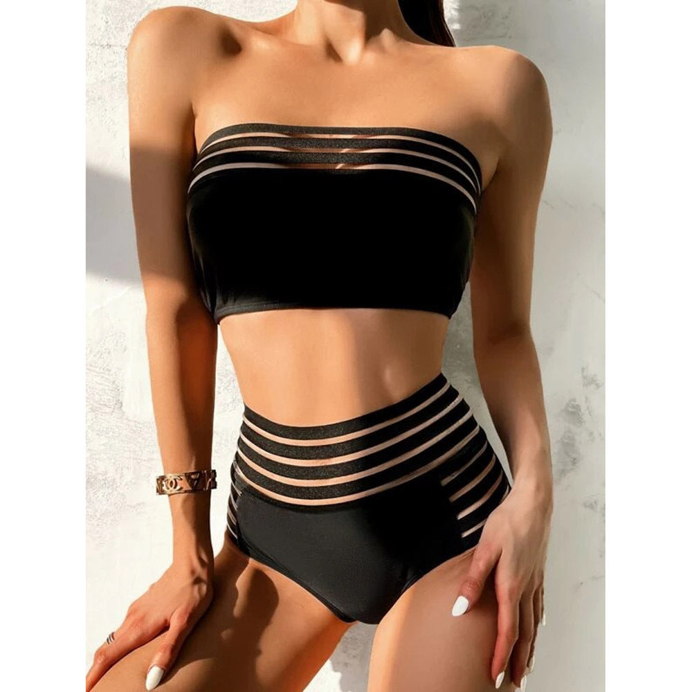 Split Tube Top Mesh Solid Color Swimsuit