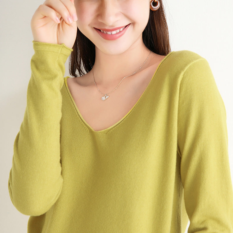 V-Neck Loose Sweater Women Long Sleeve Solid Color