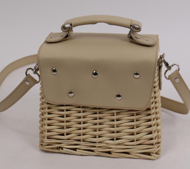 Square Rattan Straw Crossbody Tote Handbag