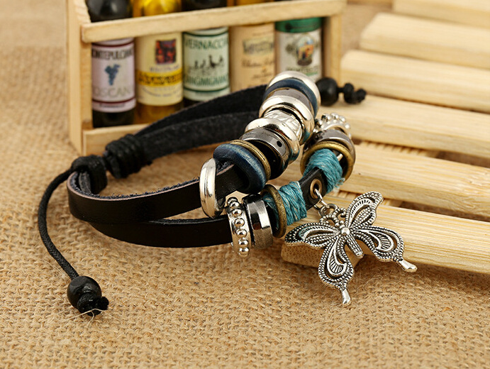 Big Butterfly Pendant Leather Bracelet Leather Beaded Bracelet