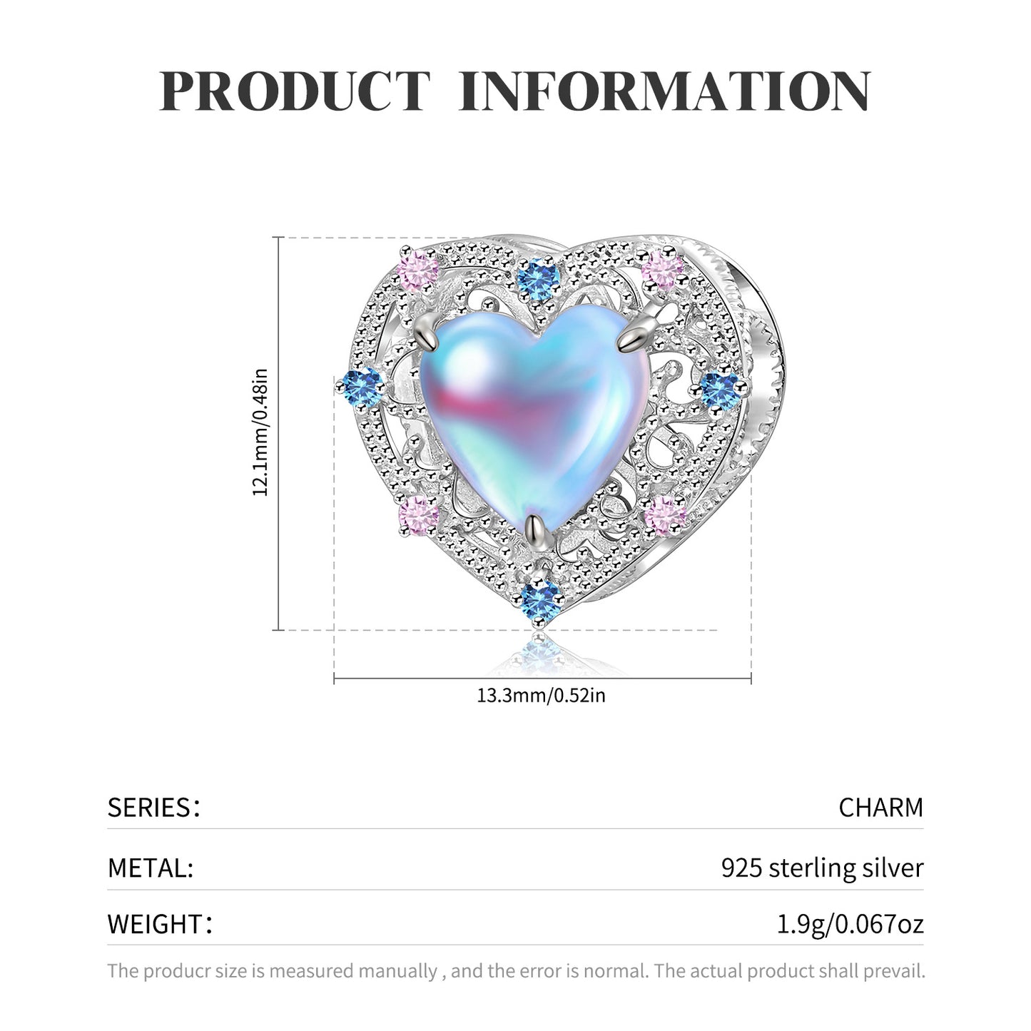 Synthetic Moonstone Heart-shaped Beads Simple Hollow Inlaid Beads In S925 Silver Diy Accessories