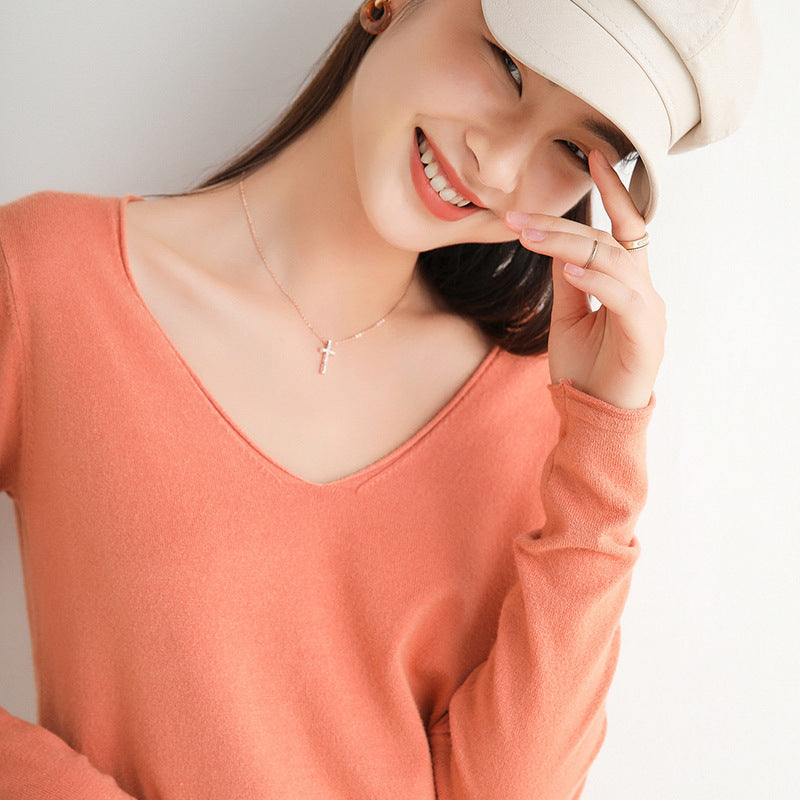 V-Neck Loose Sweater Women Long Sleeve Solid Color