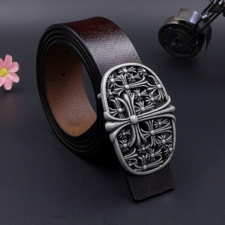 New Antique Two-layer Belt Cross Flower Retro  Belt