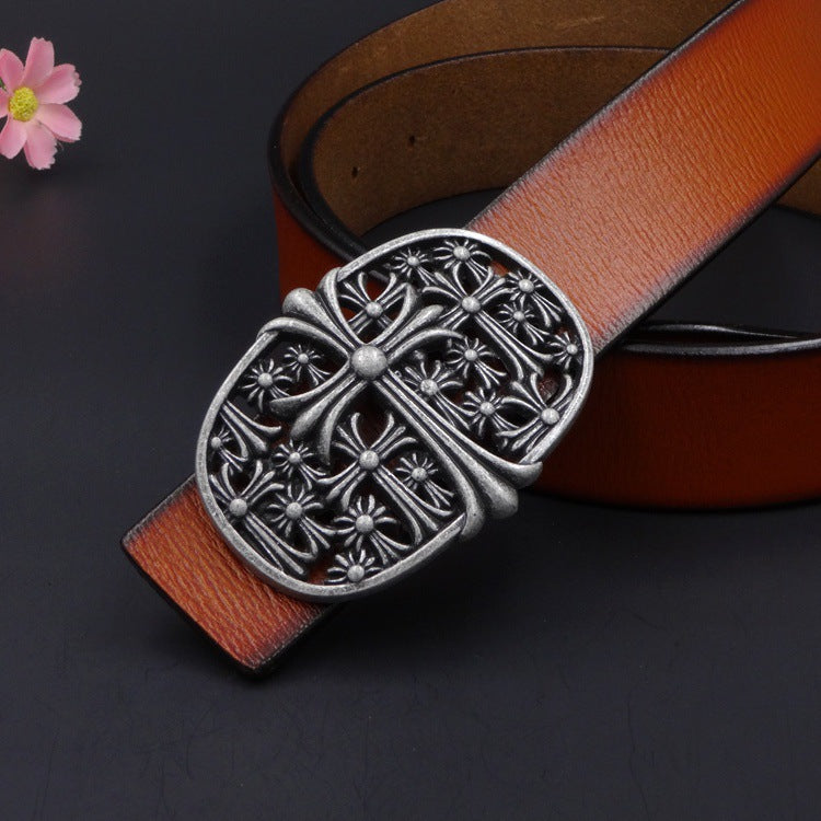 New Antique Two-layer Belt Cross Flower Retro  Belt