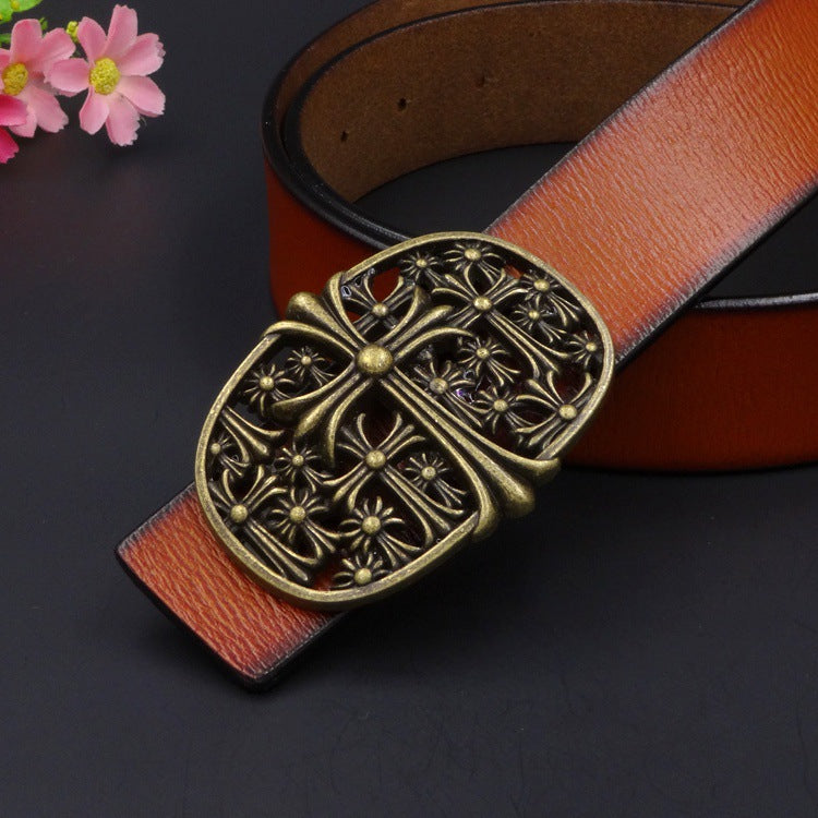 New Antique Two-layer Belt Cross Flower Retro  Belt