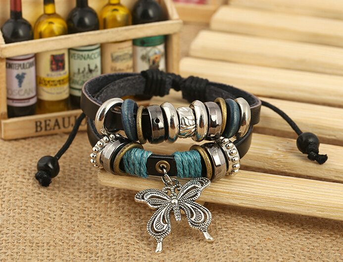 Big Butterfly Pendant Leather Bracelet Leather Beaded Bracelet