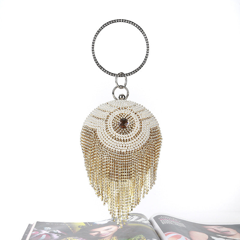 Round Dinner Bag With Diamond Stickers, Spherical Tassel Bag