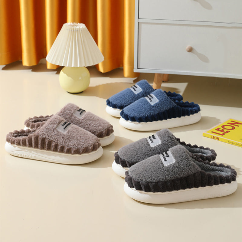 Thick-soled Color-Block Letters Fluffy Fleece  House Slippers