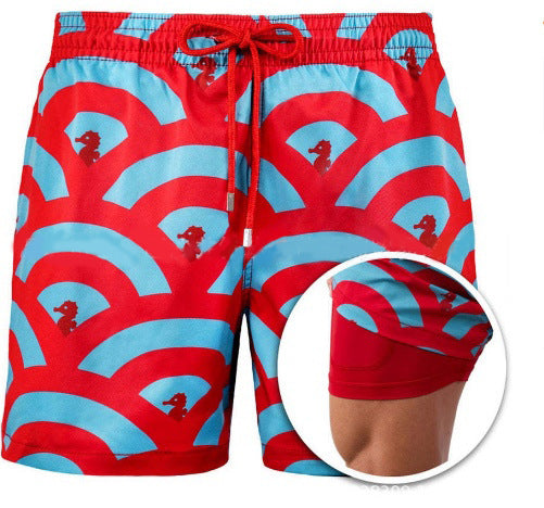 Mens Sports Print Double Layer Polyester Shorts