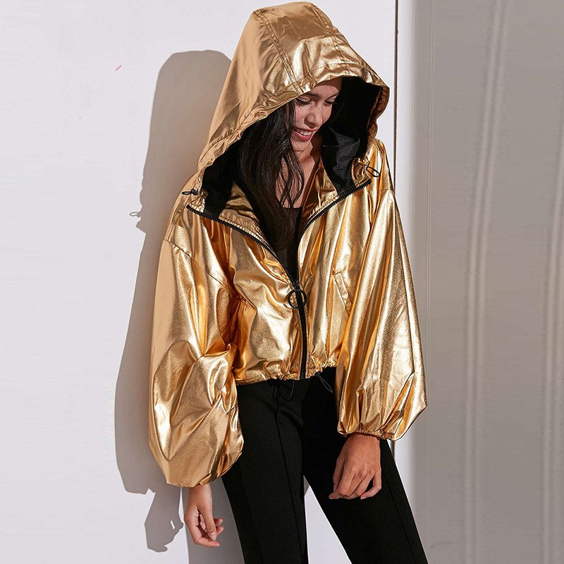 European and American Fashion Simple Metallic Lantern Sleeves Hooded Jacket