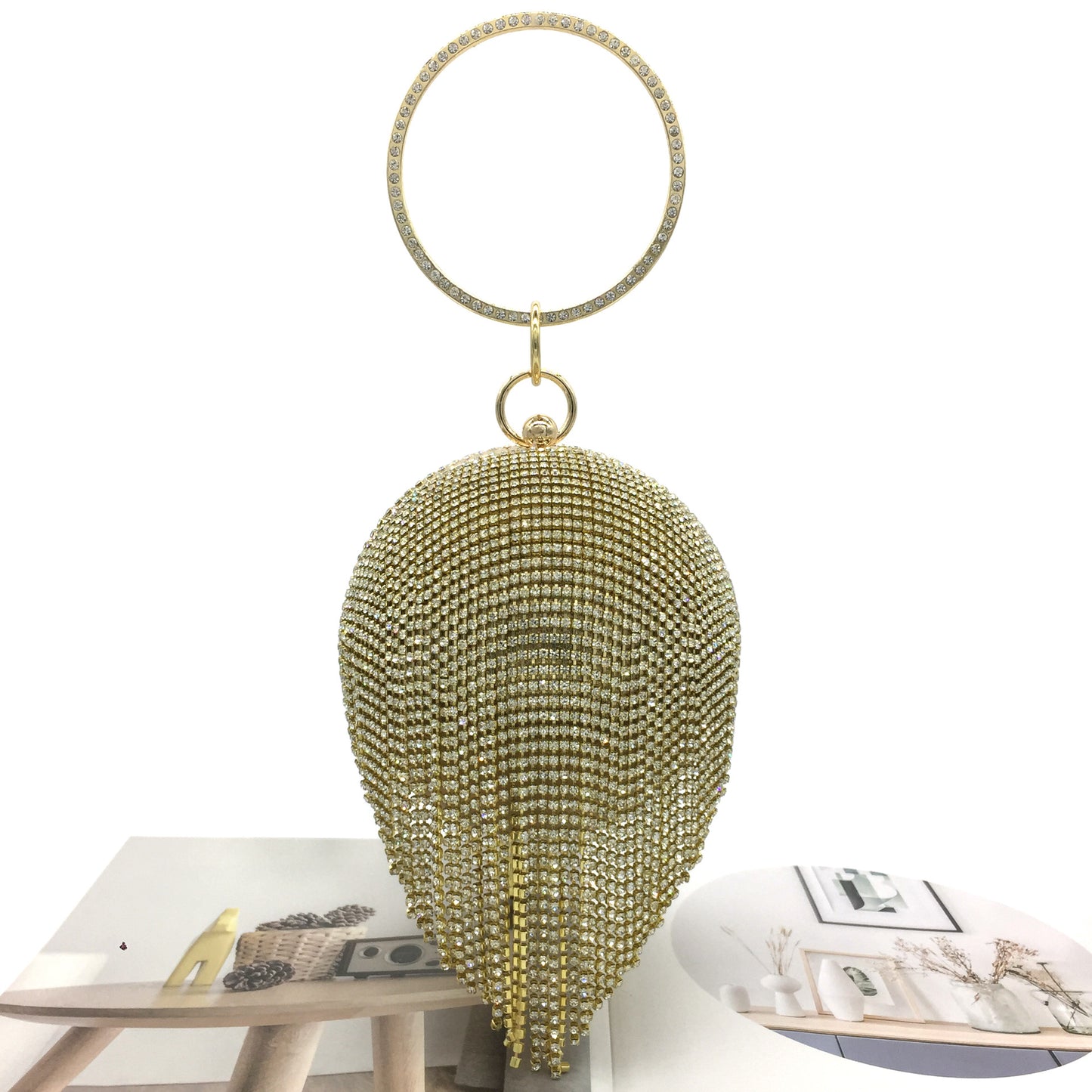 Round Dinner Bag With Diamond Stickers, Spherical Tassel Bag