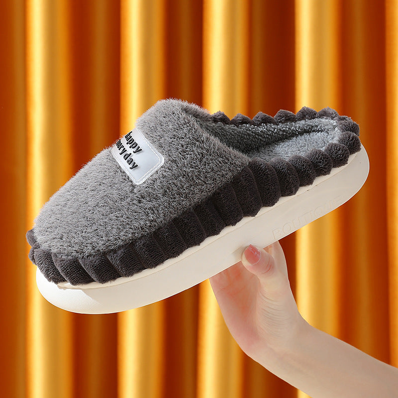 Thick-soled Color-Block Letters Fluffy Fleece  House Slippers