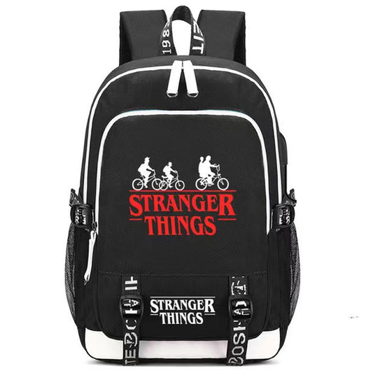 Ride The Bike Down World Of Stranger Rucksack Dream Of Exploring Things Laptop-Tagesrucksack mit USB-Aufladung, Sporttasche für Männer, Frauen, Jungen, Mädchen, Jungen, Schwarz