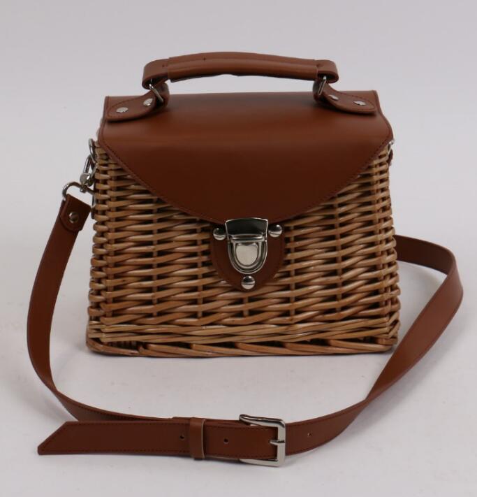 Square Rattan Straw Crossbody Tote Handbag