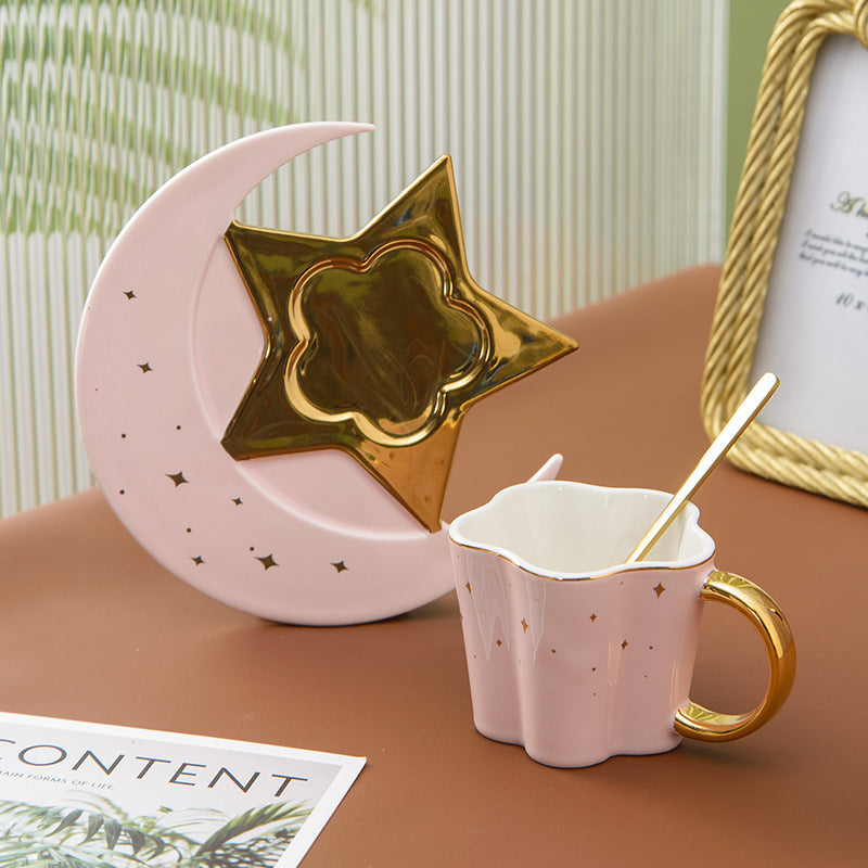 Tasse en céramique créative avec soucoupe étoile et lune