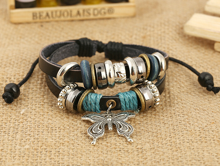 Big Butterfly Pendant Leather Bracelet Leather Beaded Bracelet