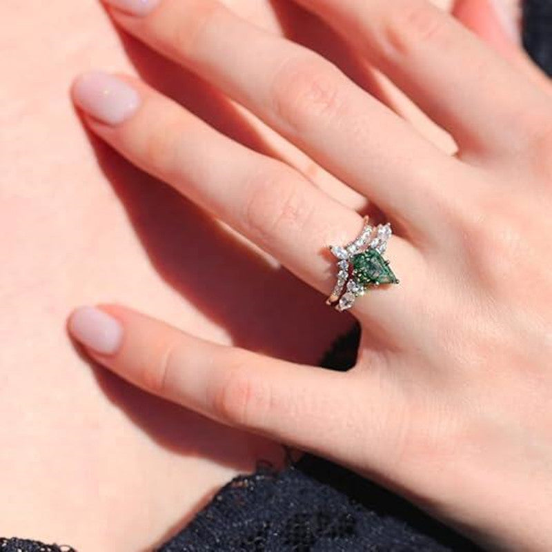 2 pcs Fashion Rings Natural Green Moss Stone Agate Ring For Women Personalized Jewelry