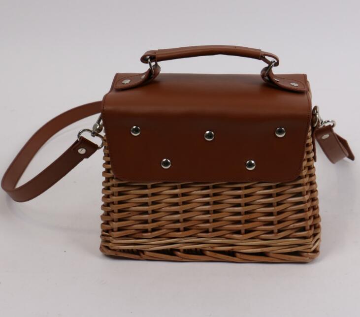 Square Rattan Straw Crossbody Tote Handbag