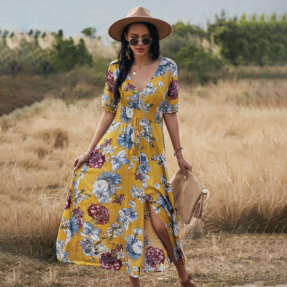 Floral Summer Beach Dress With V Neck Elastic Waist