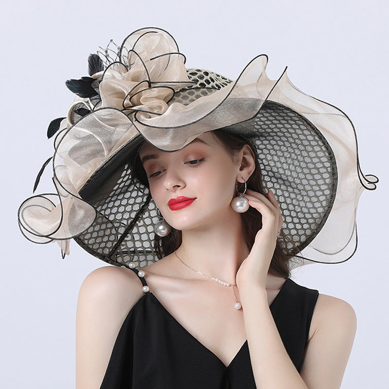 European And American Style Women's Sunshade Adult Hatband Mesh Flower Decoration Broad-brimmed Hat