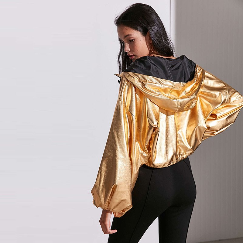 European and American Fashion Simple Metallic Lantern Sleeves Hooded Jacket