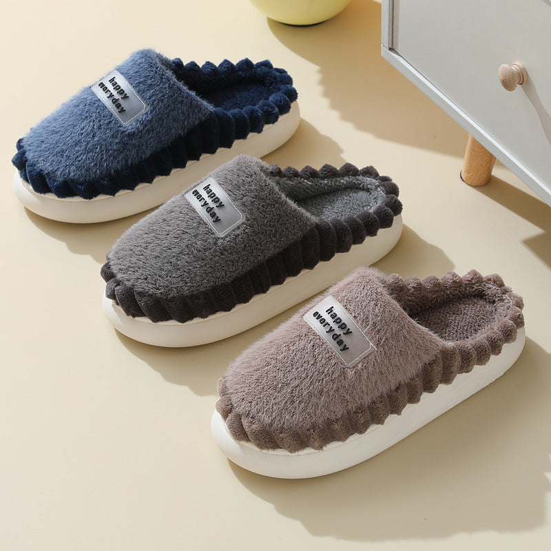 Thick-soled Color-Block Letters Fluffy Fleece  House Slippers