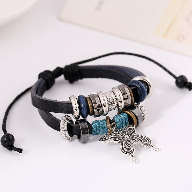 Big Butterfly Pendant Leather Bracelet Leather Beaded Bracelet