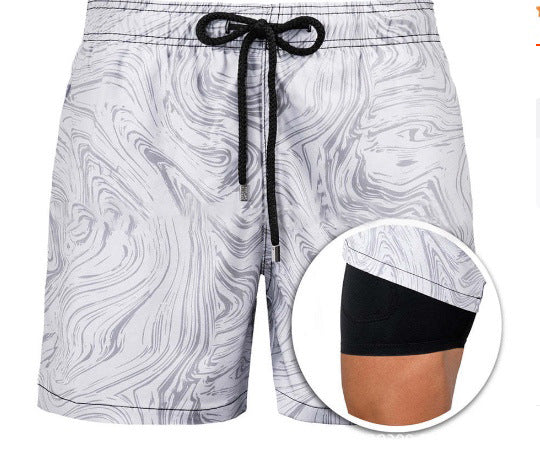 Mens Sports Print Double Layer Polyester Shorts