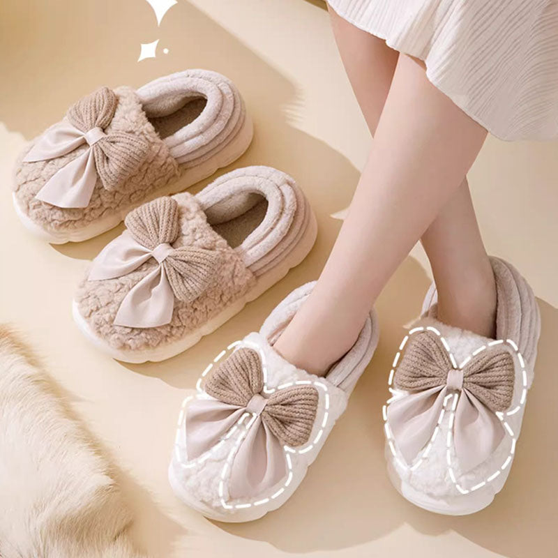 Gros nœud papillon pantoufles moelleuses hiver chaud talon couvert chaussures en coton mode pantoufles à semelle épaisse plate-forme chaussures de marche de jardin intérieur et extérieur