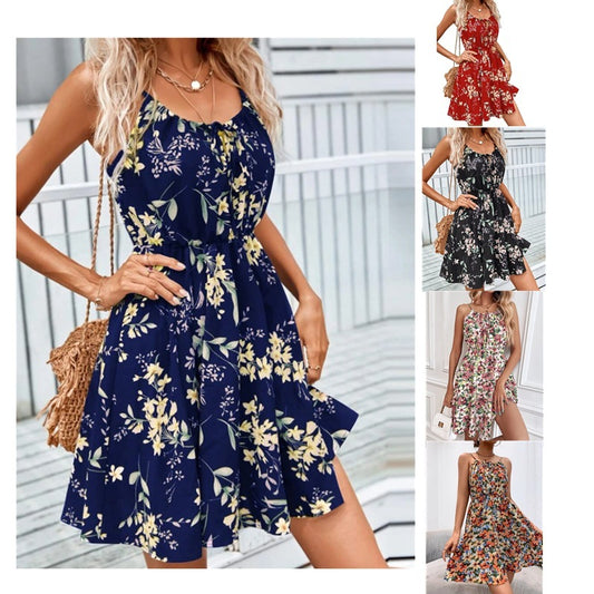 Floral Print Suspender Dress With Elastic Waist