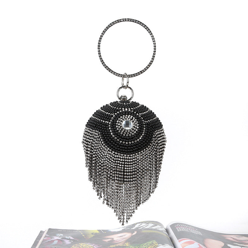 Round Dinner Bag With Diamond Stickers, Spherical Tassel Bag