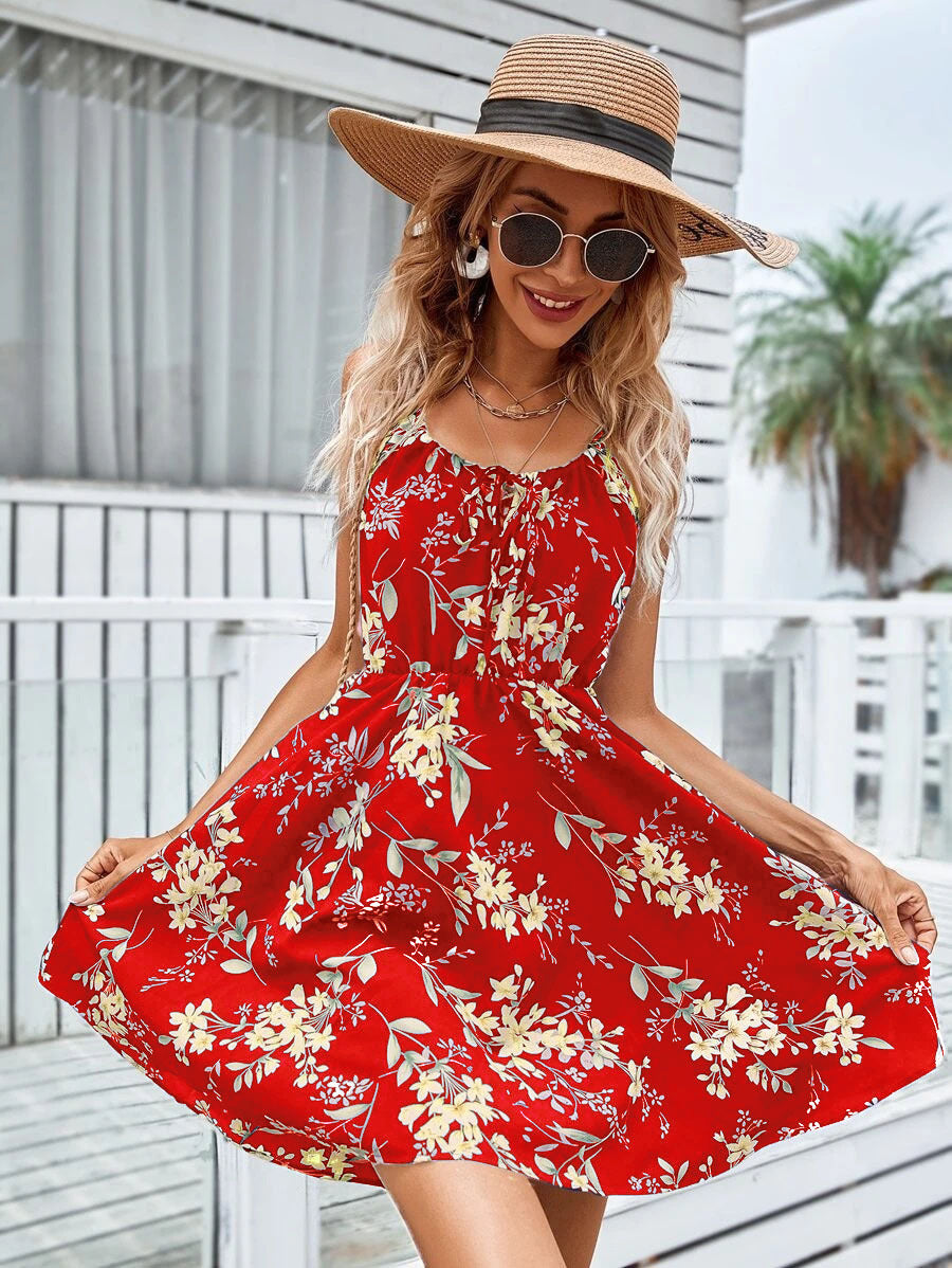 Floral Print Suspender Dress With Elastic Waist