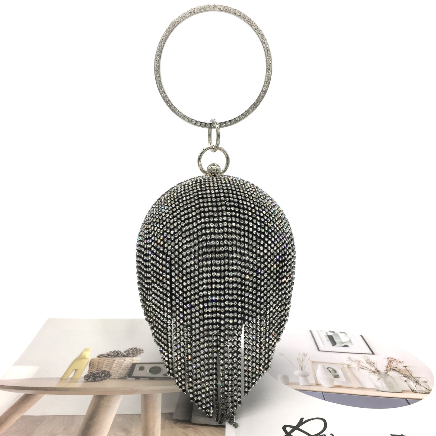 Round Dinner Bag With Diamond Stickers, Spherical Tassel Bag