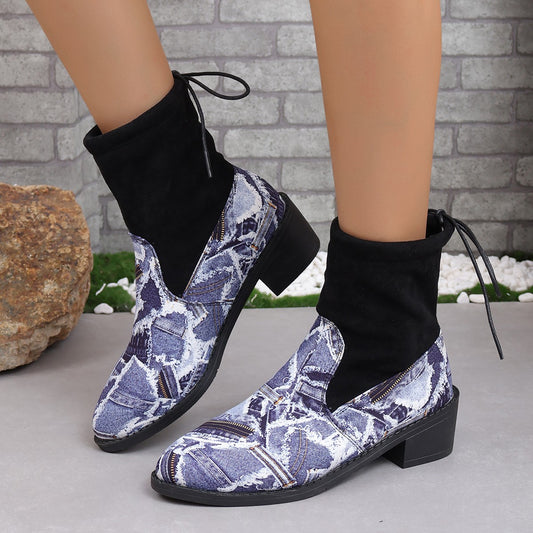 Serpentine Print Sock Boots Women Fashion Square Chunky Heels Cowboy Boots Autumn And Winter Back Lace-up Round Toe Shoes