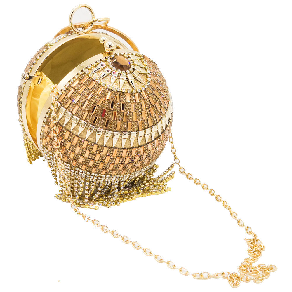 Round Dinner Bag With Diamond Stickers, Spherical Tassel Bag