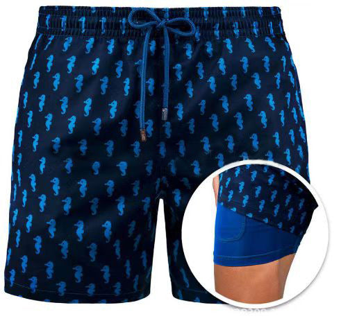 Mens Sports Print Double Layer Polyester Shorts