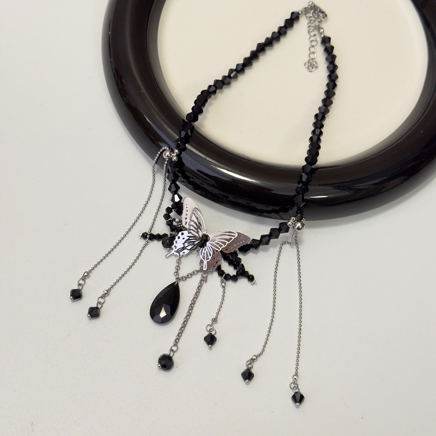 Black Beaded Butterfly Necklace For Women Light Luxury