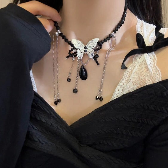 Black Beaded Butterfly Necklace For Women Light Luxury