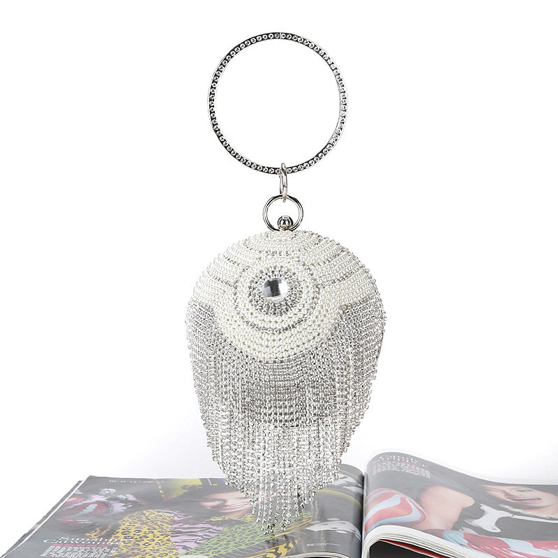 Round Dinner Bag With Diamond Stickers, Spherical Tassel Bag