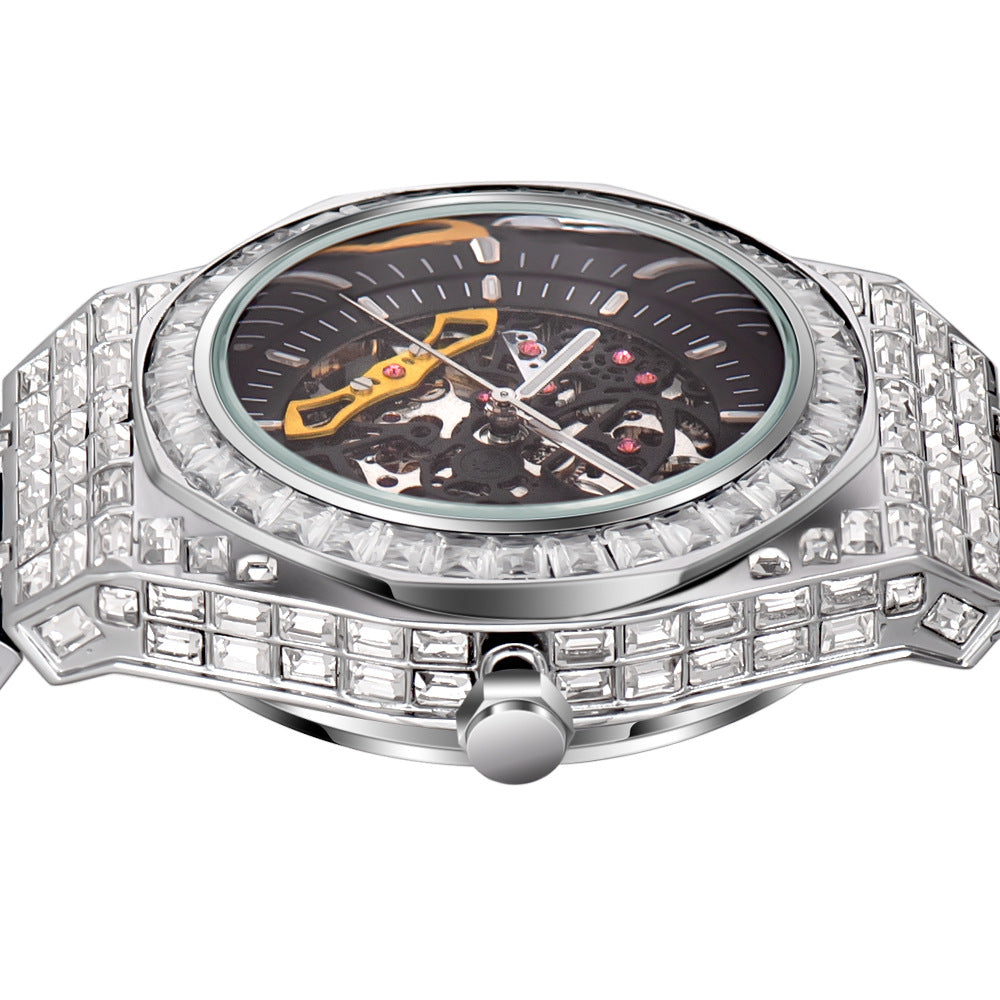 Hip Hop voll quadratische Diamant leuchtende hohle mechanische Uhr