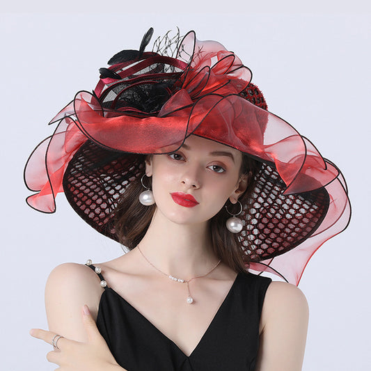 European And American Style Women's Sunshade Adult Hatband Mesh Flower Decoration Broad-brimmed Hat